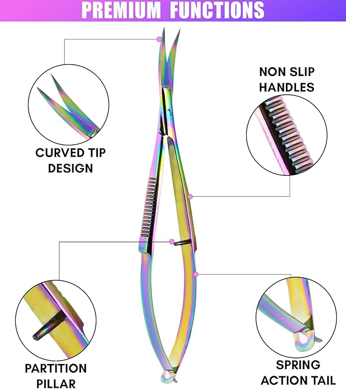 Cross Edge Curved Spring Scissors 5 Inch Stainless Steel Precision Eyebrow & Eyelash Shaping & Trimming Scissor, Snips Squeeze, Embroidery, Knitting Micro Tip Craft Scissors (Rainbow)