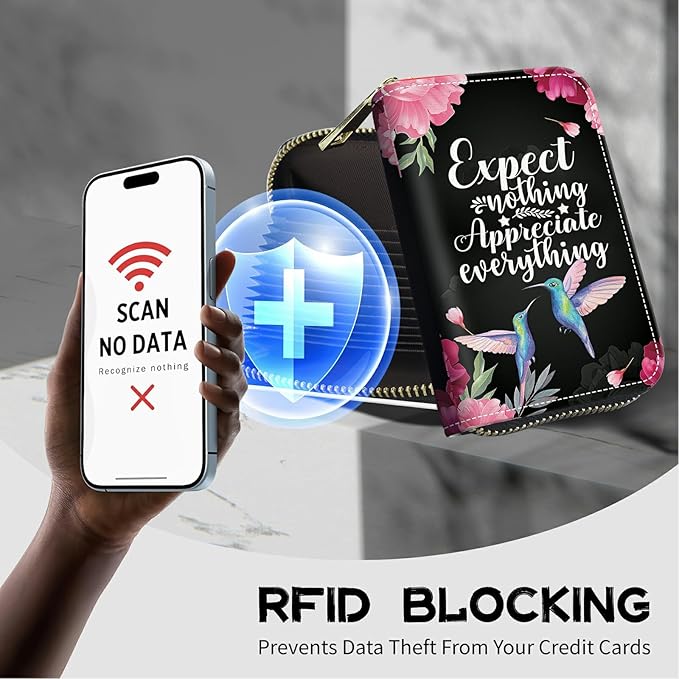 BWEGRHE Cute Credit Card Holder with Zipper, Humingbird Flower RFID-Blocking Card Case Small Wallet for Women Men, Multi-slot Card Organizer Case Travel Accordion Wallet