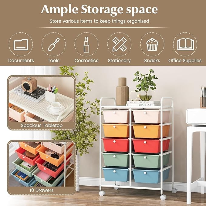 LDAILY 10 Drawer Rolling Cart, Storage Cart Organizer on Wheels, Drawer Cart with Metal Frame & Large Storage Capacity, Rolling Cart with Drawers for Living Room Classroom, Office
