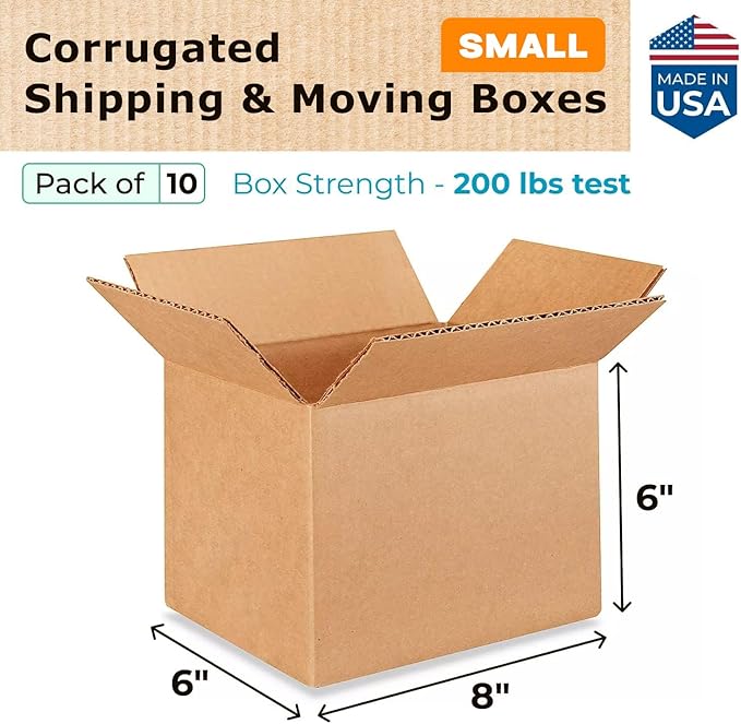 Small Moving & Shipping Boxes 8x6x6 inches (10-Pack) - Extra Strength 200 lb vs Regular - Corrugated Cardboard Boxes for USPS/FEDEX - Corrugated Packaging Box - Box Small by IDL Packaging