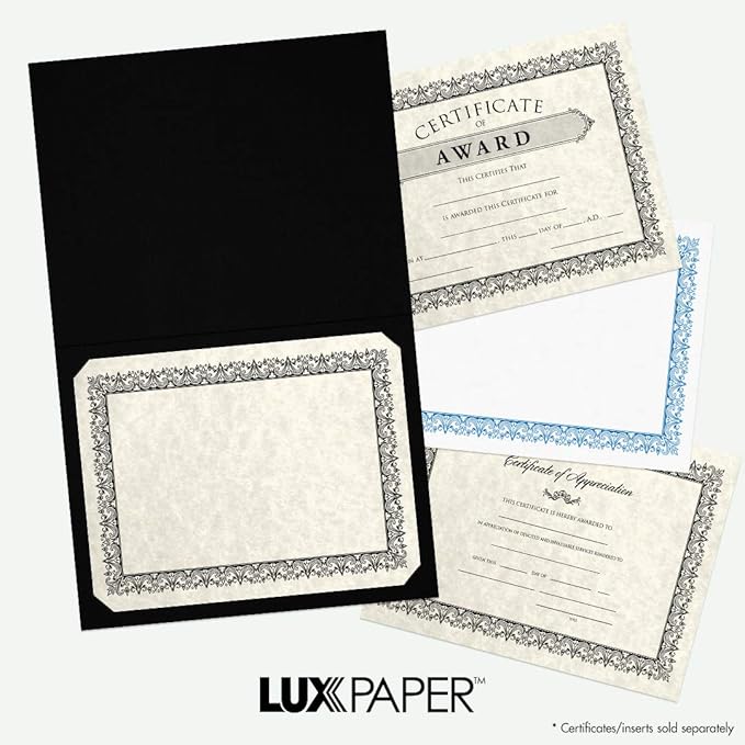 LUXPaper 9.5" x 12" Certificate Holders | Black Linen | Embossed Silver Foil Floral Border | 100lb. Cover | 25 Qty