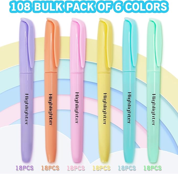 YEGEER Highlighters Bulk, Chisel Tip Dry-Quickly Highlighter Markers, 108 Count-6 Assorted Colors Highlighters Bulk Pack for Adult Kids, Office Classroom Must Have, School Supplies for Teachers