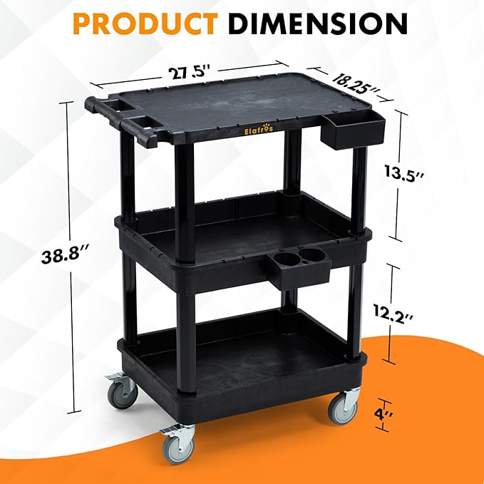 ELAFROS 3-Tier Utility Cart with Flat Top and Deep Shelves, 27.5 x 18.25, Compact Rolling Cart with 4" Wheels, Heavy-Duty Plastic, 330 lbs Capacity for Office, Workshop, Warehouse