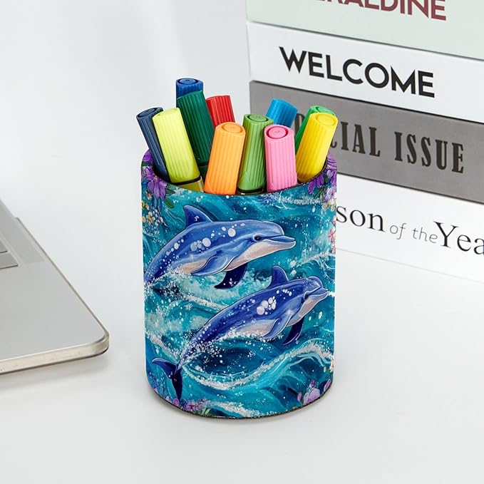 Leather Pen Holder for Desk, Dolphins Flowers Pencil Cup Desktop Organizer Makeup Brush Holders Office Supplies for Home, Kids & School