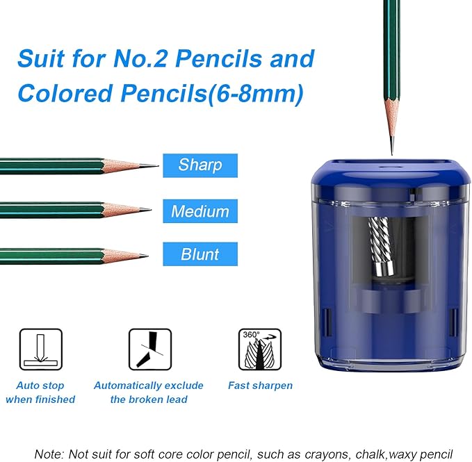 Electric Pencil Sharpener Heavy-Duty Helical Blade Sharpener with Adapter/Battery Operated for No.2/ (6-8mm) Pencils with Auto Stop & Cleaning Brush in School/Classroom/Office (Blue)