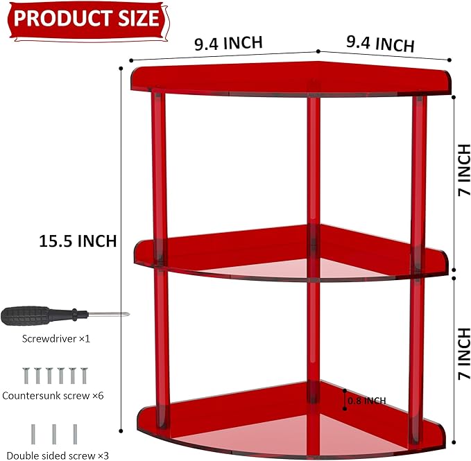 Sezanrpt 3 Tier Acrylic Corner Shelf Organizer Storage 9.5x9.5x15.7 Inch, Red Countertop Corner Shelf for Bathroom, Kitchen, Bedroom, Office, Study Room