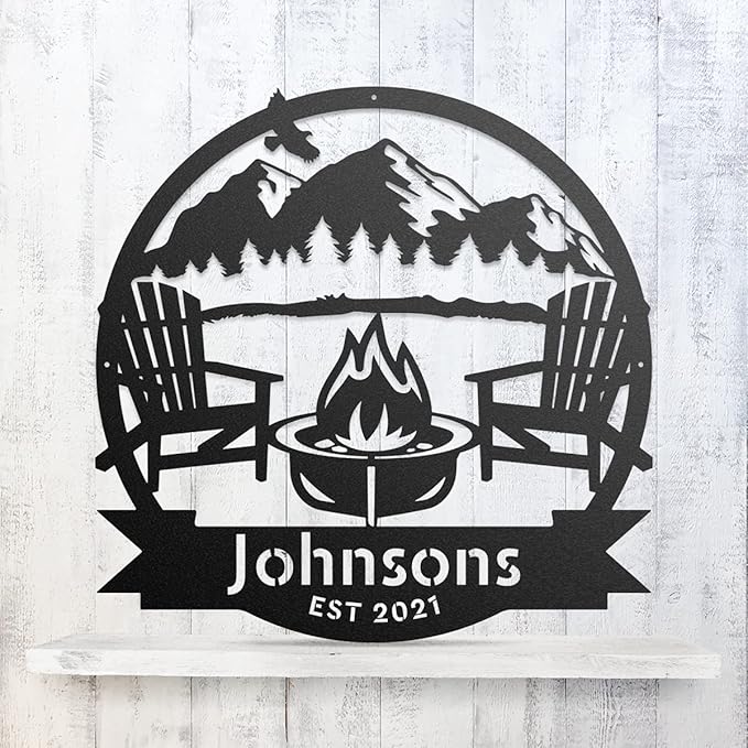 RealSteel Personalized Mountain Campfire Monogram Metal Sign – Custom Family Name Rustic Wall Art for Cabin, Campground, RV & Backyard Fire Pit – Outdoor Camping Décor – Unique Personalized Gift – USA