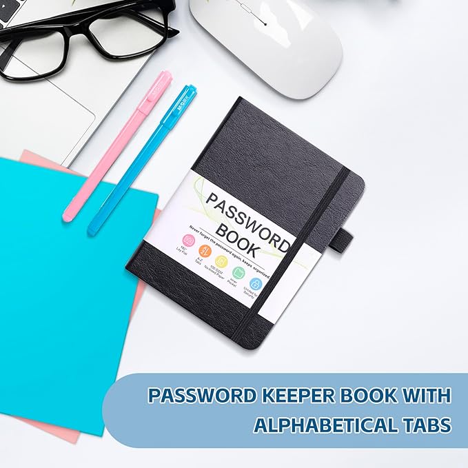Password Keeper Book with Alphabetical Tabs，4.3"x5.7" Small Password Books for Seniors Password Notebook for Internet Website Address Log in Detail (Black)
