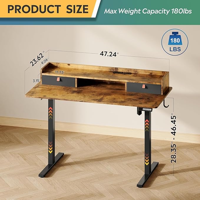DEVAISE 48×24 Inches Electric Standing Desk with Drawers, Computer Desk with Adjustable Height, Storage Shelf, Built-in Power Outlets, Sit to Stand Desk for Home Office, Rustic Brown