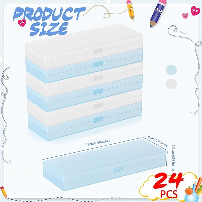 Fainne 24 Pcs Plastic Pencil Case Bulk Pencil Boxes Plastic Stationery Case Frosted Pen Box Pen Holder with Hinged Lid Snap Closure for Office(Single Layer,White, Blue,7.09 x 2.36 x 0.98 Inch)
