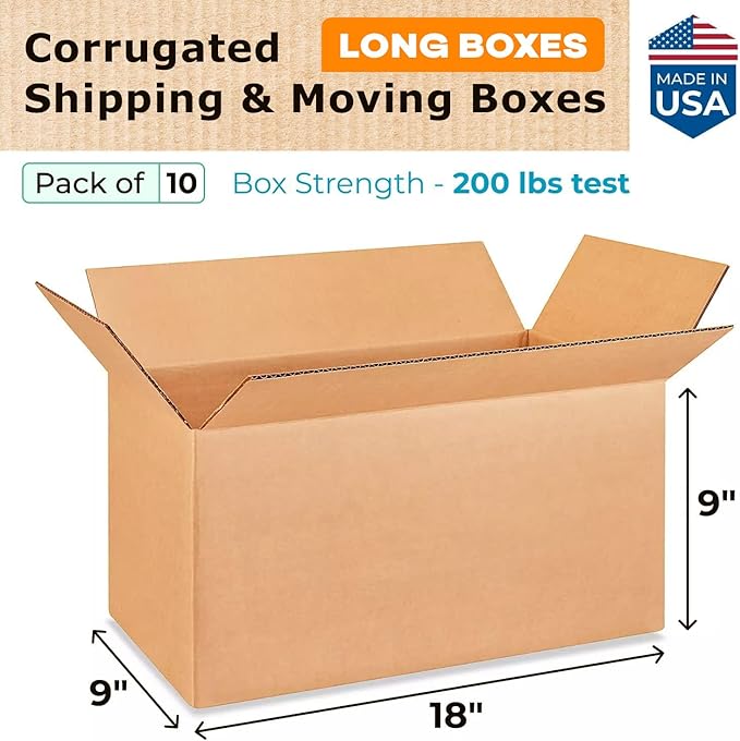 Long Moving & Shipping Boxes 18x9x9 inches (10-Pack) - Extra Strength 200 lb vs Regular - Corrugated Strong Packing Boxes for Moving - Heavy Duty Box - Long Box for Shipping by IDL Packaging