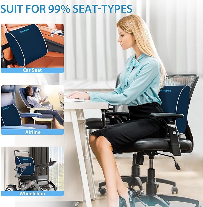 SweetSlubr Large Lumbar Support Pillow for Office Chair, Car Seats and Home Desks, Ergonomic Back Support with Double Adjustable Straps, Machine Washable Cover, Gray