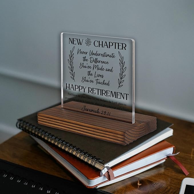 Happy Retirement Acrylic Desk Sign with Bible Verse, Christian Gift for Women Men, New Chapter Inspirational Plaque, Religious Office Decor, Farewell Keepsake for Coworker Friend Parent PA121
