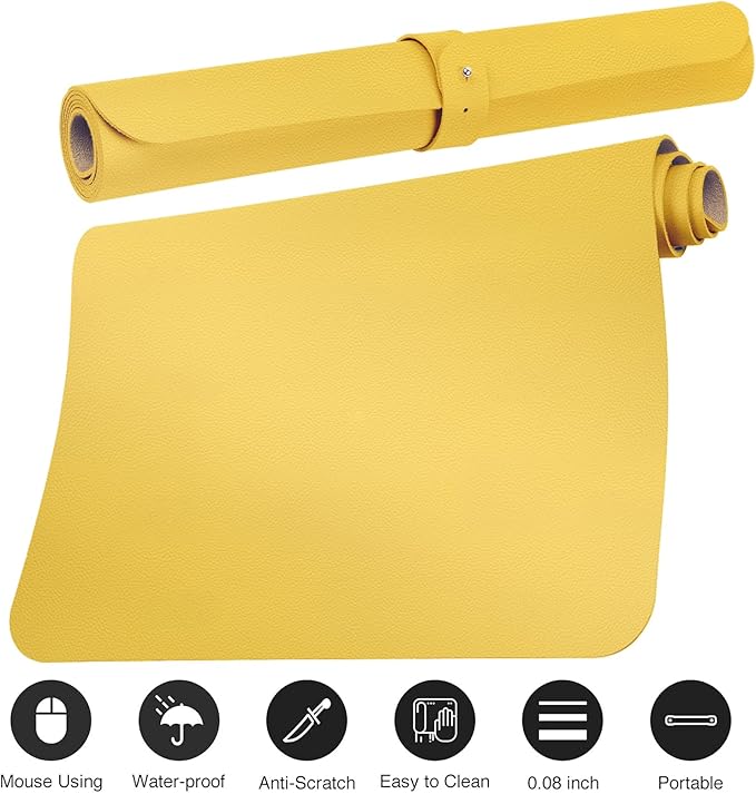 Boutilon Leather Desk Pad Protector,Non-Slip Mouse Pad,Laptop Desk Pad,Office Mouse Mat,Waterproof Leather Desk Blotter,Desk Writing Pad for Office and Home (XXL-Yellow,47.2"x 17")