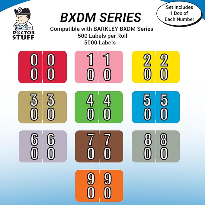 Doctor Stuff - File Folder Labels, Terminal Digit Filing, Consecutive Double Digit Numbers 00-99, Barkley FDDBM Match - BXDM Series Chart Stickers, 1" x 1-1/2", 1 Each of 10 Rolls, 500/Roll