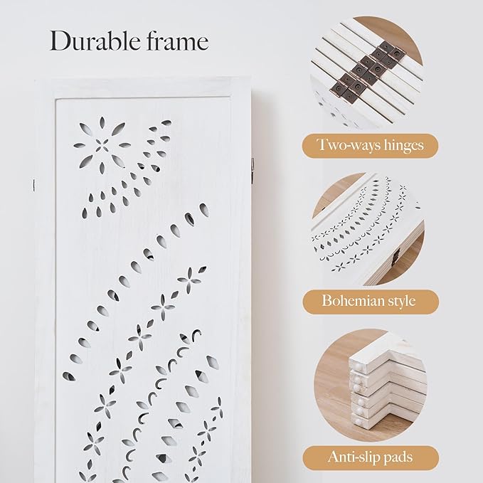 66.9Inch Folding Room Divider, 6 Panels Wood Carved Privacy Screens, Free Assembled Freestanding Partition for Home Office Restaurant Bedroom (White-Washed)