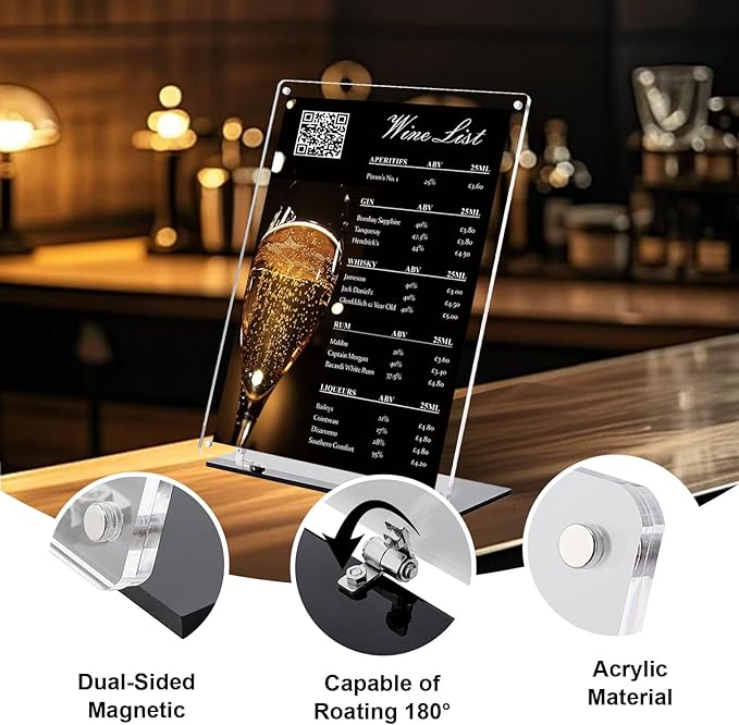 Rebehari 180° Adjustable Acrylic Sign Holder 8.5"x11", Magnetic Code Sign Menu Stand with Stable Base, Double-Sided Clear Table Paper Display Holder For Office, Store, Restaurant