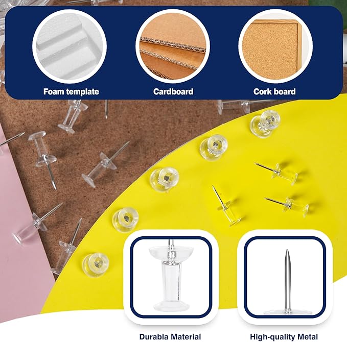 DANRONG 1600 PCS Clear Push Pins, Standard Thumb Tacks for Bulletin Board, Steel Point and Clear Plastic Head, Pin Tacks for Wall Cork Board Maps Photos Calendar Hangings, Office School Supplies