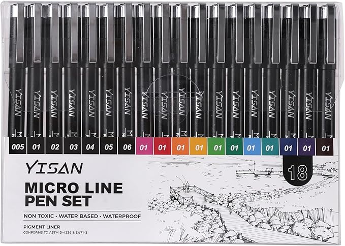YISAN 18-Pack Colored Drawing Pens for Artists,Fineliner Pens,Micro-line Pens,11 Waterproof Archival Ink Colors Felt Tip & 7 Black,70344