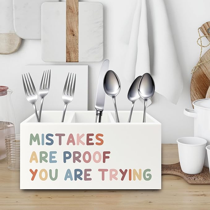 XPH Boho Inspirational Pen Pencil Holder Organizer for Desk, Positive Inspirational Gifts, Mistakes are Proof You are Trying Motivational Wooden Box Sign for Classroom Desk Tabletop Decorations