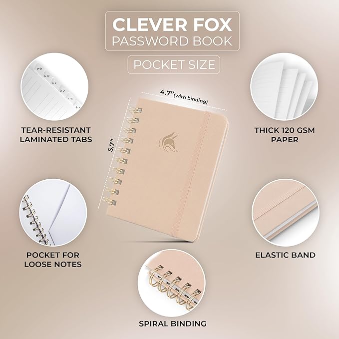 Clever Fox Password Book Spiral – Mini Internet Address & Password Organizer with Laminated Alphabetical Tabs – Small Password Keeper Journal – Hardcover, Pocket Size, 4.7x5.7” (Seashell)