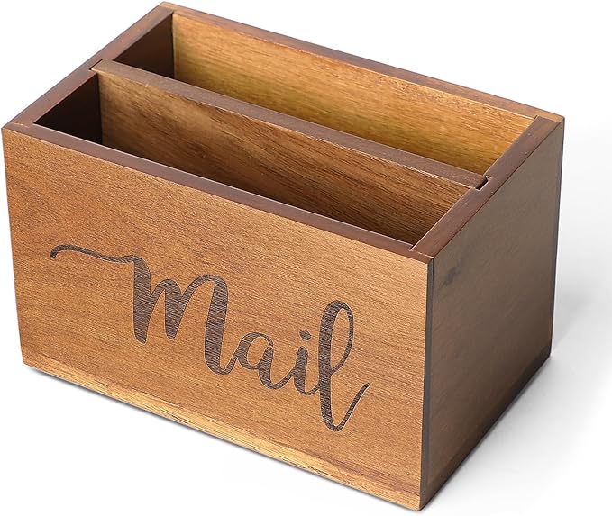 LBEMEY Mail Holder Storage Organizer Box,Acacia Wood Mail Organizer Countertop,Desktop Letters, Bills, Notes and Postcard Bin for Home Office Dorm Room