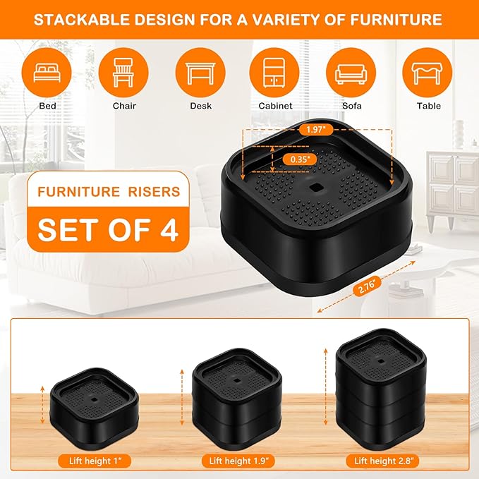 shouwuhho 4 Pack Furniture Risers Adjustable Bed Risers Heavy Duty Lifts Height 1", Square Stackable Bed Risers 1, 2 or 3 Inch for Desk Leg Table Couch Sofa Chair Bed Frame Legs Dorm, Black
