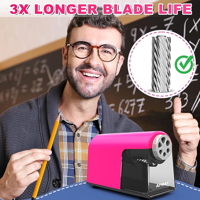 AFMAT PSX2 Electric Pencil Sharpener Heavy Duty, 6 Holes, Auto Stop Pencil Sharpeners for School, Classroom Electric Sharpener for 6-11mm Colored Pencils, Super Fast, 7000 Sharpenings, Pink