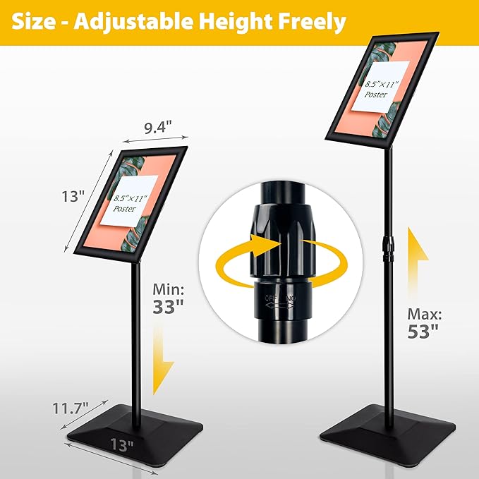 VAIIGO 8.5"x11" Pedestal Poster Holder Stand with Heavy Duty Solid Steel Base, Adjustable Floor Standing Sign Holder for Vertical and Horizontal View, Super Stable Display, Black