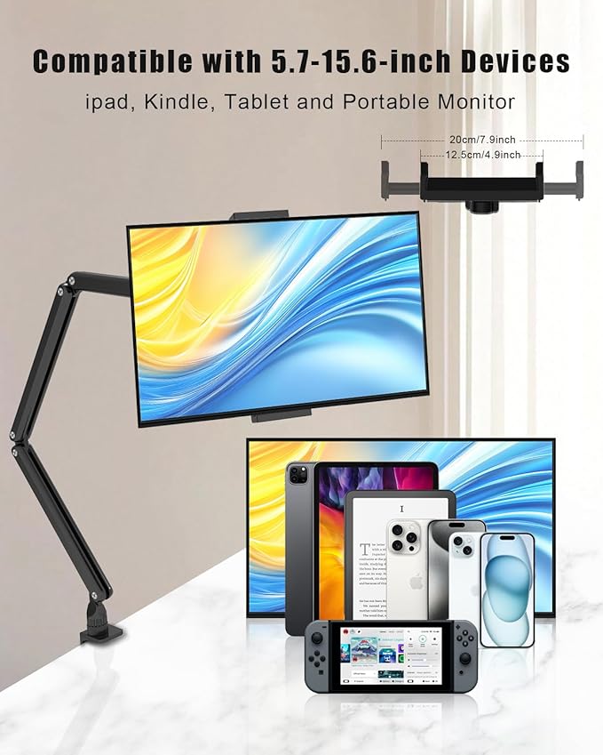 Tablet Stand for Desk/Bed, Adjustable iPad Holder Clamp Mount, Foldable Tablet Arm, 360° Rotation, Compatible with 5.7''-15.6'' IPhone, iPad Pro, Air, Mini, Kindle, Galaxy Tab, Nintendo Switch