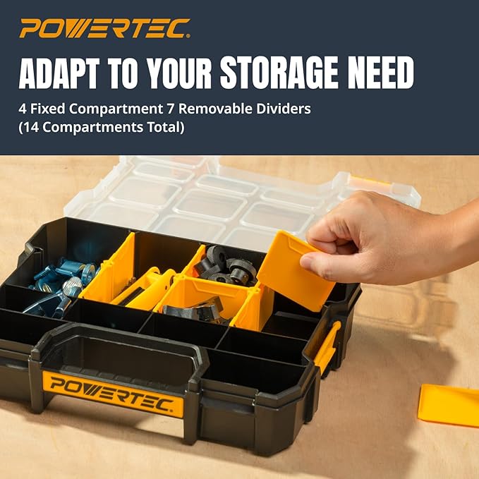 POWERTEC Small Parts Organizer & Tool Box – 14 Compartments, Stackable Storage with Interlocking Latch, Removable Dividers, Clear Lid, Portable Design, 2-Pack (72364-P2)