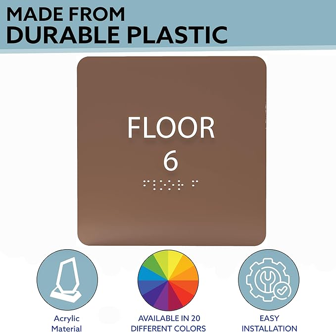 ADA CENTRAL SIGNS - 6" X6" Floor 6 Sign - ADA Compliant Tactile Graphics Grade 2 Braille Text Acrylic Wall Signs - Directional Assistance, Floor Number Safety Sign for Office, school Hospital, Apartment