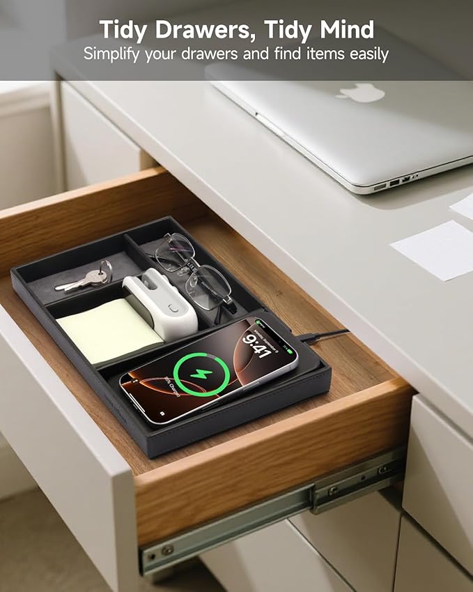 Valet Tray, Built in Wireless Charging Pad, Nightstand Organizer, Two-Toned Premium Vegan Leather Desk Bedside Caddy Organizer Tray for Keys, Watch, Wallet, Jewelry (Black+Gray)