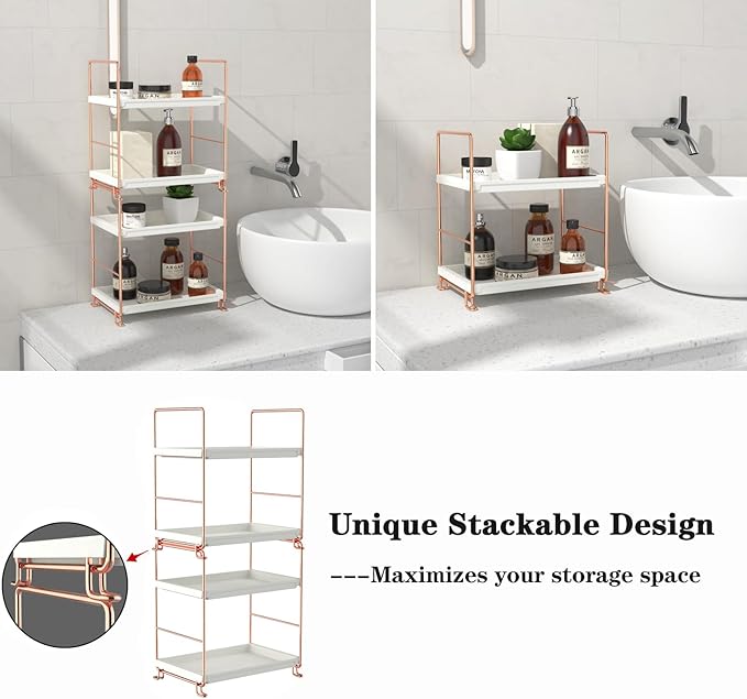 FSyueyun 2-Tier Bathroom Countertop Organizer, Tool-Less Installation Premium Plastics Makeup Shelf Organizer Perfume Skincare for Dresser Vanity Tray Organizers and Storage (Rose Gold)