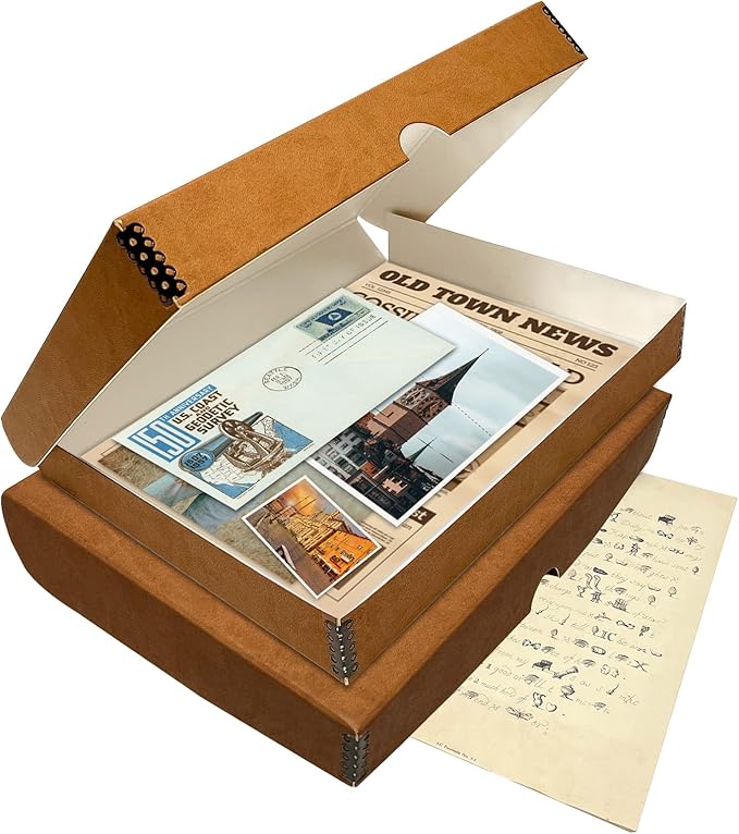 Lineco Folio Storage Box, Faux Leather Cover, Clamshell Design, 9.5x12.5x1.75 Inches, Archival Boxboard, Preserve Photos, Cards, Magazines, Documents, Art, Ephemera, Family Records, Tan, Pack of 1