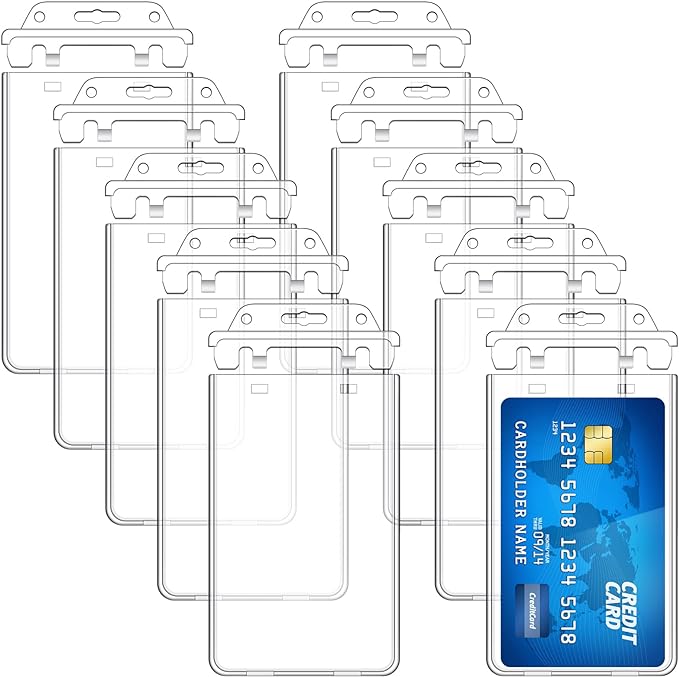 Tinlade 10 Pack Permanent Locking Hard Plastic Badge Holder Vertical Clear ID Badge Holder Heavy Duty Protector Case for Office School Card Travel 2.4 x 4.2 inches