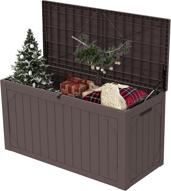 PATIOEASY Outdoor Storage Box 100GAL Waterproof Resin Deck Box,UV-Resistant Lockable Package Delivery Bin for Garden Tools,Large Patio Outside Cushions,Pool Accessories Supplies,Chest,Furniture,Brown