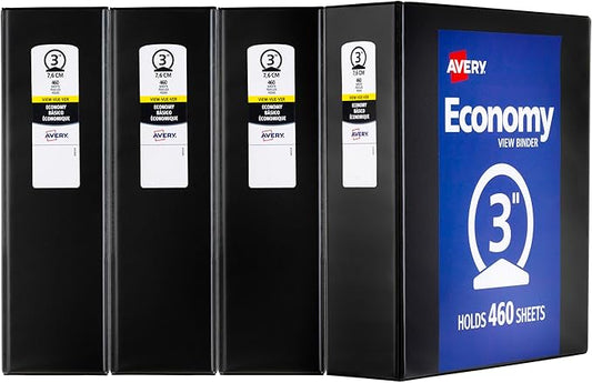 Avery Standard View 3 Ring Binders, 3" Round Rings, 460-Sheet Capacity, 3.5 Inch Wide Spine, Black Binders, Ideal for Lightweight Organization and Occasional Referencing (4-Pack of 03361)