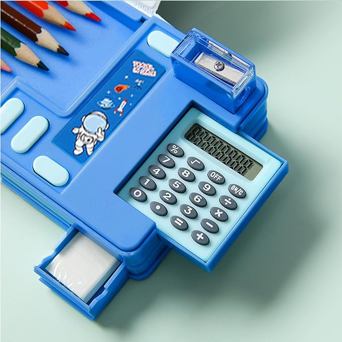 Ristpal Pop Up Multifunction Pencil Case, Cute Cartoon Pen Box Organizer Stationery with Calculators, Sharpener, Schedule, School Supplies, Best Birthday Gifts for Kids Teens (Blue)