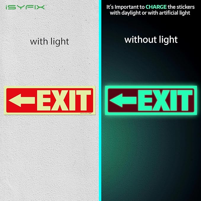 iSYFIX Exit Stickers Signs with Directional Left Arrow 2 Pack 12x4 Inch - Glow in the Dark Photoluminescent Vinyl for Office, School, Business, Warehouse - UV & Weather Resistant for Indoor/Outdoor Use