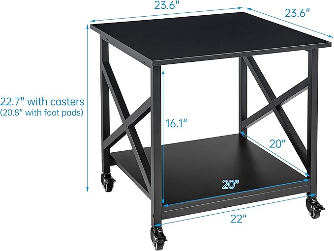Fannova 2 Tier Large Printer Stand, 23.6 x 23.6 x 22.6 Inches Square Printer Table with Storage Shelf, Rolling Printer Cart with Industrial Wheels for Home Office, Mini Fridge Stand Table - Black