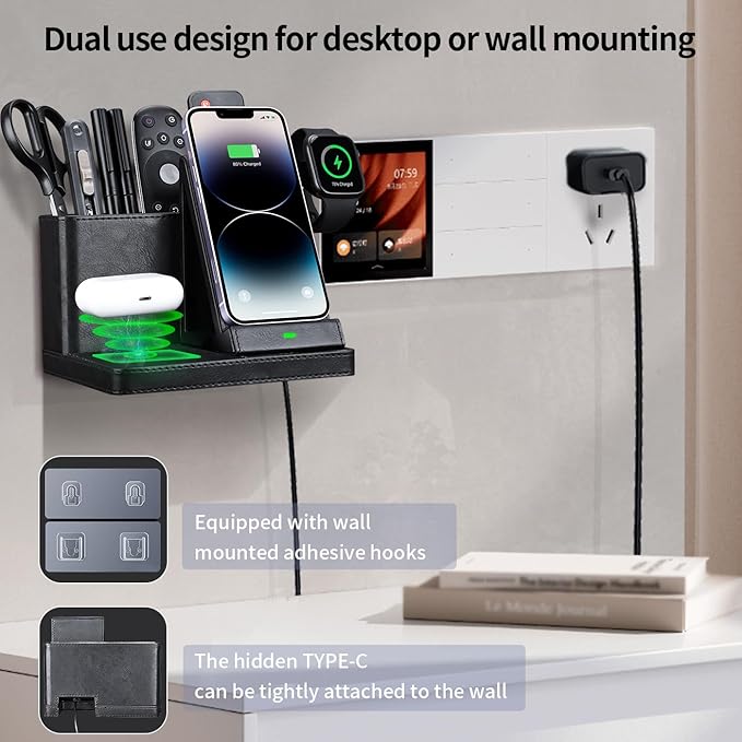 LADSTAG Desk Organizer with Phone Charger,Nightstand Desktop Organizer,Office Supplies Desk Accessories,Pen Holder Remote Control Holder,Black Leather Organizer With Charging Station (black)