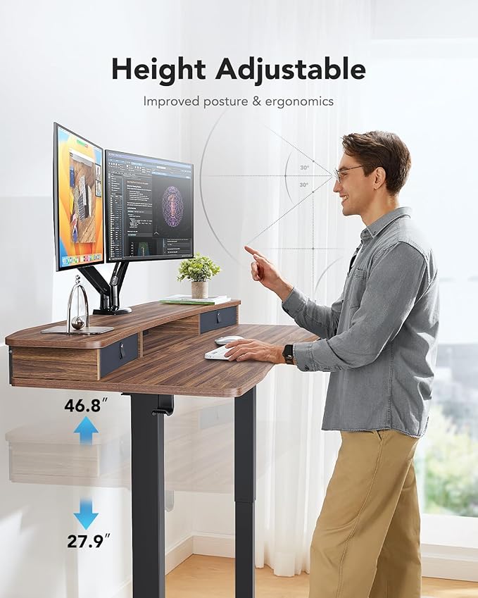 HUANUO 48″ x 24″ Electric Standing Desk with 2 Drawers, C-Clamp Mount Compatible, Height Adjustable Computer Desk, Home Office Stand Up Desk with 4 Preset Heights & 2 Hooks, Walnut