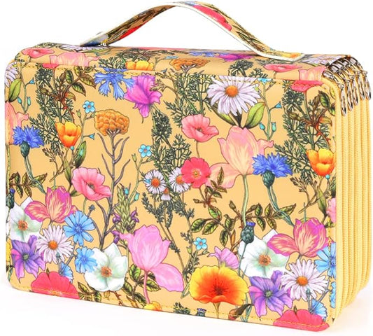 Vomgomfom Colored Pencil Case - Large Capacity 252 Slot Pencil Organizer with Zipper Closure, Twill Fabric Case for Watercolor Pens, Markers (Yellow Flower)