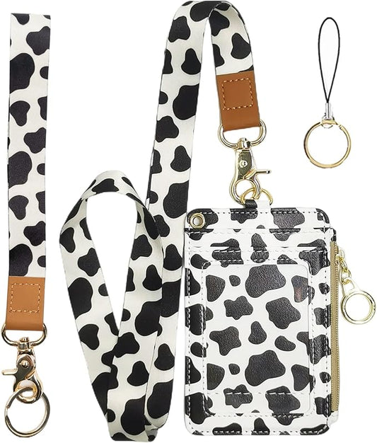 Cow Print Badge Holder,Leather Id Badge Holders with Breakaway Lanyards,Wallet Lanyards for Id Badges for Women Men Woker Office Nurse School Teacher Student