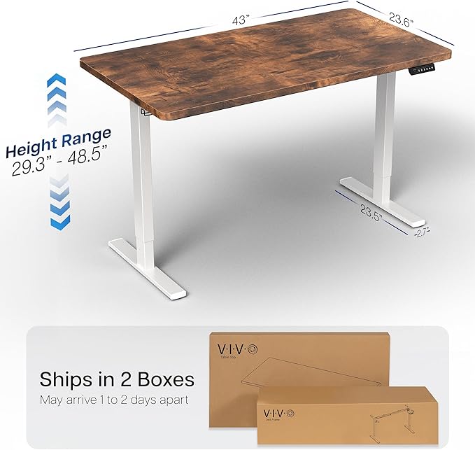 VIVO Electric 43 x 24 in Rustic Standing Desk, Memory Height Adjustment, 1B Series, Holds 220 lbs, One-Piece Vintage Brown Top, White Frame, DESK-KIT-1W4N