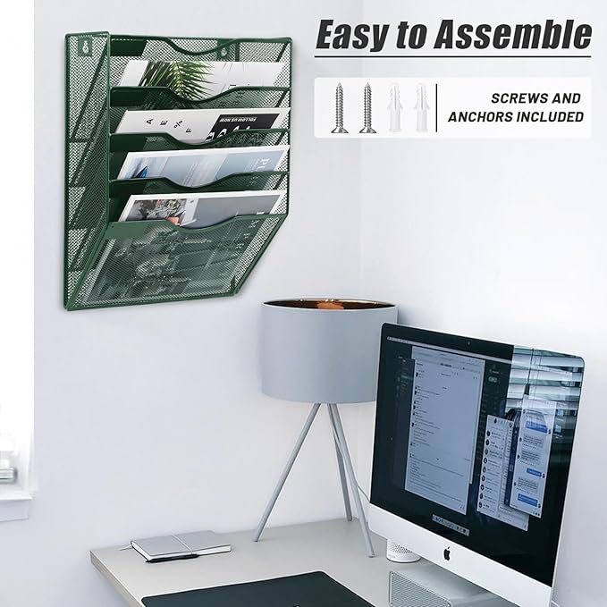 EASEPRES 5 Pocket Mesh Hanging File Organizer, Wall Mounted Mail Paper Document Folder Holder, Clipboard Storage Organization Magazine Rack with Nametag Label for Office Home School, Dark Green