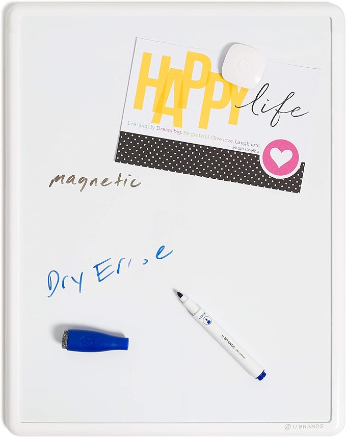 U Brands Contempo Magnetic Small Whiteboard, 11" x 14”, White Modern Frame, Mini White Board for Kids and Students, Fridge and Locker Dry Erase Board, Includes 4 Markers & Magnet