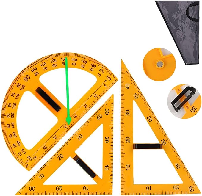 Magnetic Geometry Tool, Protractor, Triangle Rulers Easy Attachment Blackboard Measurement Kit, Teacher Board Protractor Multi-Purpose Kit Large Teaching Aids (Three-Piece Set)