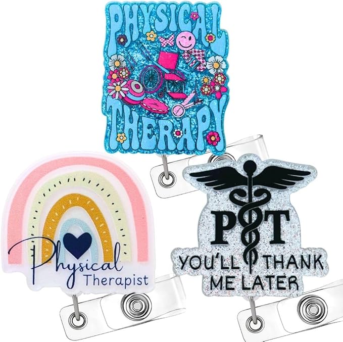 3PC Physical Therapist Badge Reels Physio Therapeutic Occupational Therapy Name Holder Retractable ID Clip Essentials for PT Student Assistant Rehab Aide Accessories Appreciation Gifts for Coworkers